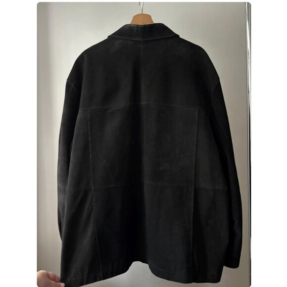 1990s Oversized Black Suede Jacket with Pockets | Vintage Minimal Leather Coat - Picture 7 of 8